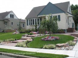 small yard landscaping with walkway, plants, and hardscape